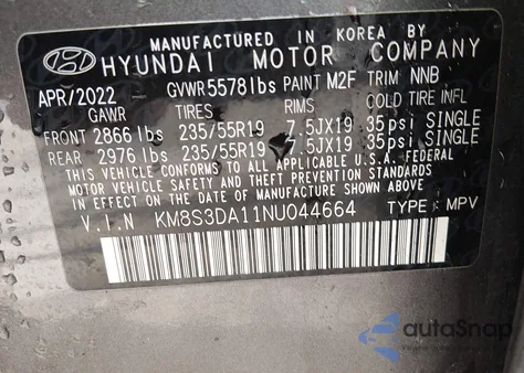 2022 Hyundai Santa Fe Hybrid Sel Premium z USA, uszkodzony, nr VIN KM8S3DA11NU044664